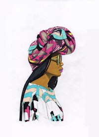 a drawing of a woman wearing a colorful hat