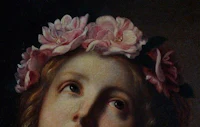 a painting of a girl with flowers on her head