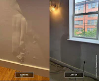 before and after pictures of a room with peeling paint