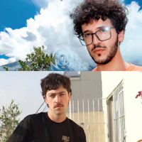 two pictures of a man with glasses and a cloud in the background