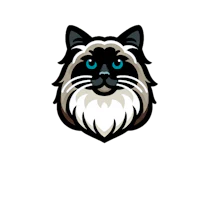 a cat logo with blue eyes on a black background