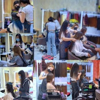 a collage of pictures of women getting their hair done