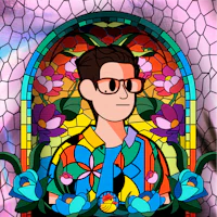a cartoon of a man with glasses in front of a stained glass