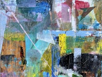 an abstract painting with various colors and shapes