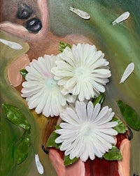 a painting of a woman with white daisies and leaves