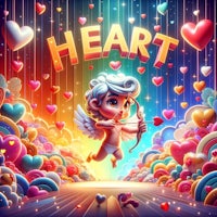 a cupid flying through a rainbow of hearts and candy