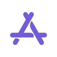 a purple arrow logo on a black background