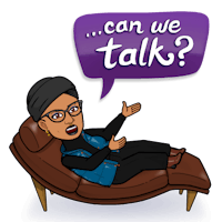 a cartoon woman sitting in a chair with a speech bubble saying can we talk