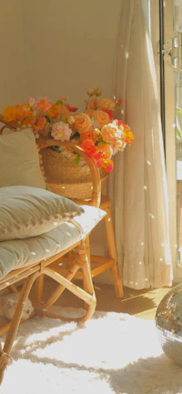 a wicker chair in a living room