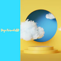 a blue and yellow background with a cloud in the middle