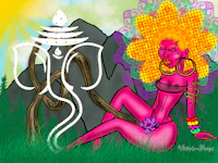 a woman sitting in the grass with a flower in her hair