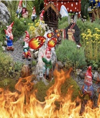 gnomes on fire in a garden