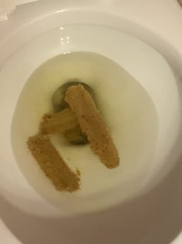 a toilet with a piece of bread in it