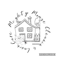 a black and white drawing of a house with the words mighty mouse cleaning