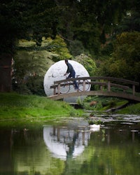 a person riding a bike across a bridge over a pond
