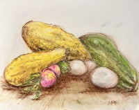 a watercolor painting of cucumbers, eggs and radishes