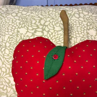 a red pillow with a ladybug on it