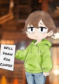 a boy holding a sign that says will draw for coffee