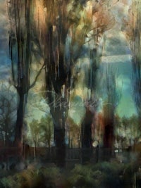 an abstract painting of trees in a field