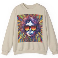 a sweatshirt with an image of a woman wearing sunglasses