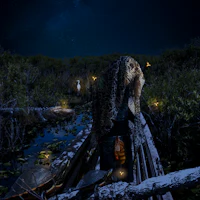 a man in a canoe on a lake at night