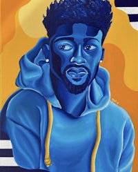 a painting of a man in a blue hoodie
