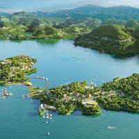 an artist's rendering of an island in the middle of a body of water