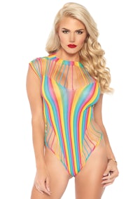 a woman wearing a rainbow striped bodysuit