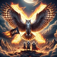 an owl with a sword and a flag on top of a mountain