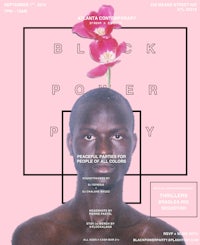 a poster for black power party featuring a man with flowers on his head