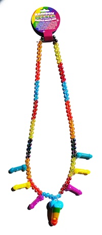 a necklace with colorful beads and a tag on it
