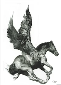 a black and white drawing of a horse with wings