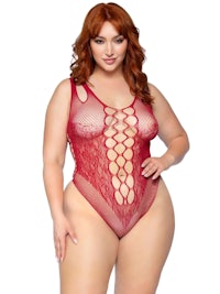 a plus size woman in a red lace bodysuit