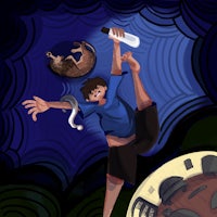a cartoon of a man with a cat on his back