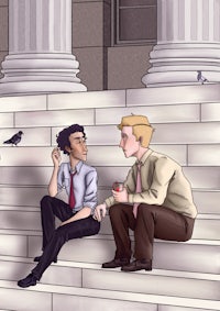 two men sitting on the steps of a building