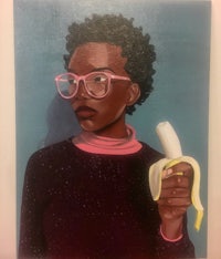 a painting of a woman holding a banana