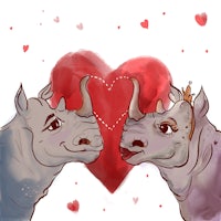 two rhinos kissing in front of a heart shaped heart