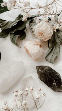 crystals, stones, and flowers on a white cloth
