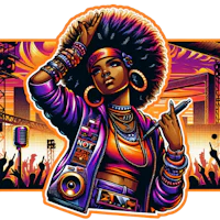 an illustration of a woman with an afro and a microphone