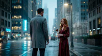 a man and woman standing in the rain on a city street