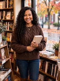a woman standing in front of a book store holding a book