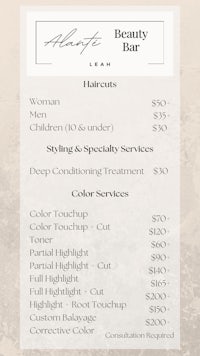 a beauty bar menu with prices on it