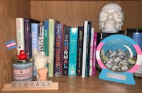 a shelf full of books and a skull