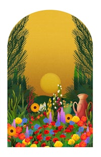 a painting of a garden with flowers and a jug