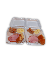 two plastic containers with ham, eggs, and bread