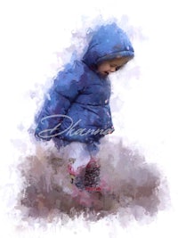 a watercolor painting of a little girl in a blue coat