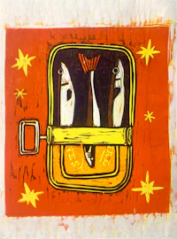 a painting of two fish in a box with stars