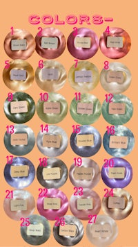 a list of different colors of eyeshadows on an orange background