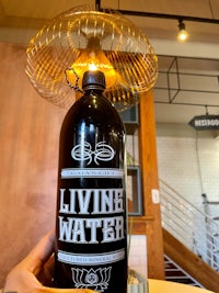 a person holding up a bottle of living water