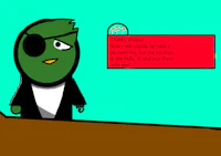 a cartoon character is sitting at a table with a sign on it